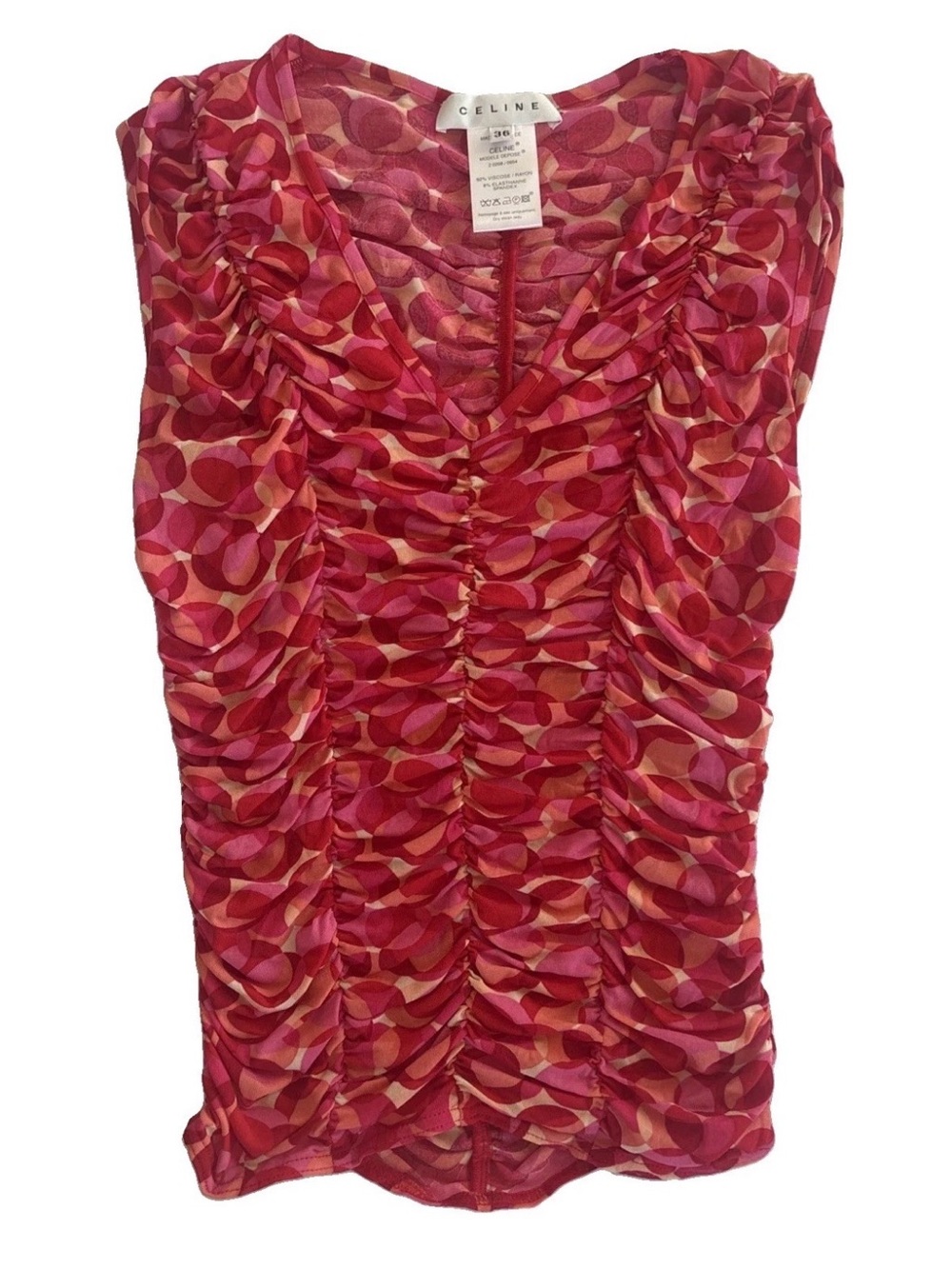 CÉLINE Vintage Sleeveless Ruched Mesh Blouse Sleeveless Pink Red Orange Sz FR 36